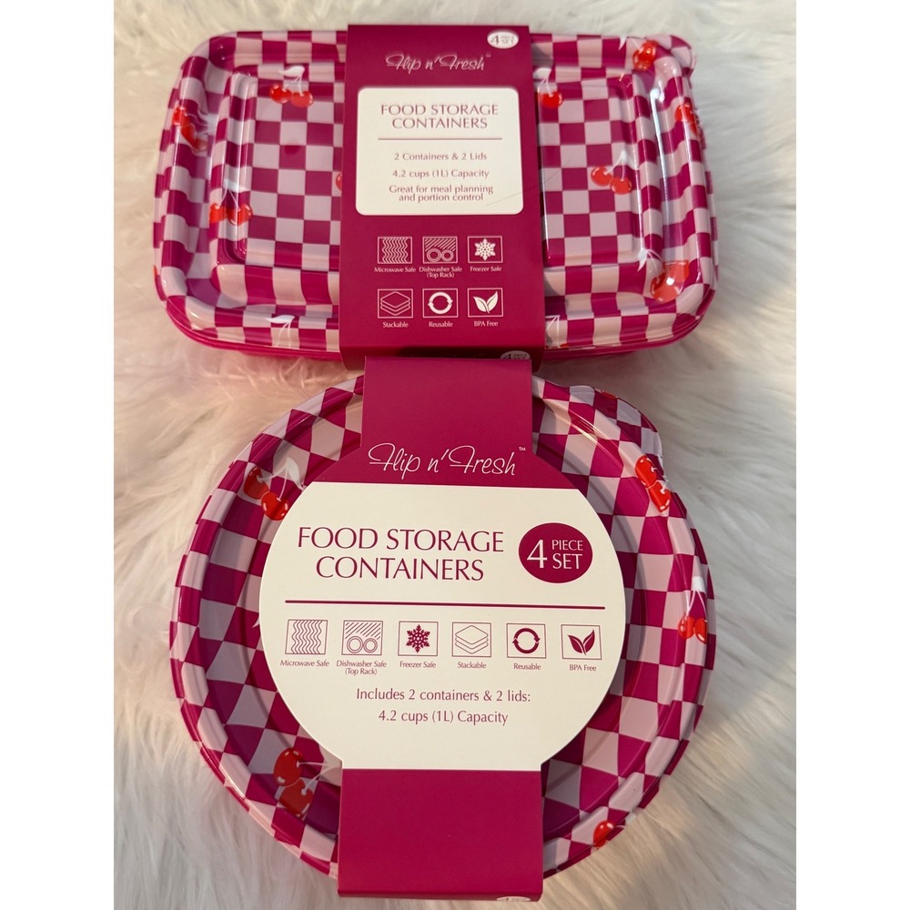 Flip n Fresh Pink Checkered Cherry Food Storage Containers 4 Piece Set 4.2 Cup